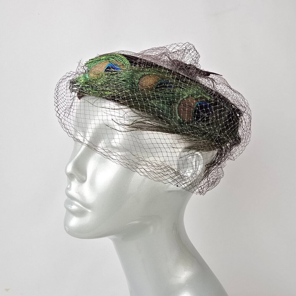 Vintage Peacock Feather Fascinator with Veil Cocktail Hat